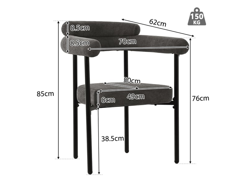 Lot de 6 chaises salle à manger 70x62x85 cm, temporain, dotée d'accoudoirs, cadre acierlique, gris foncé - Conforama C