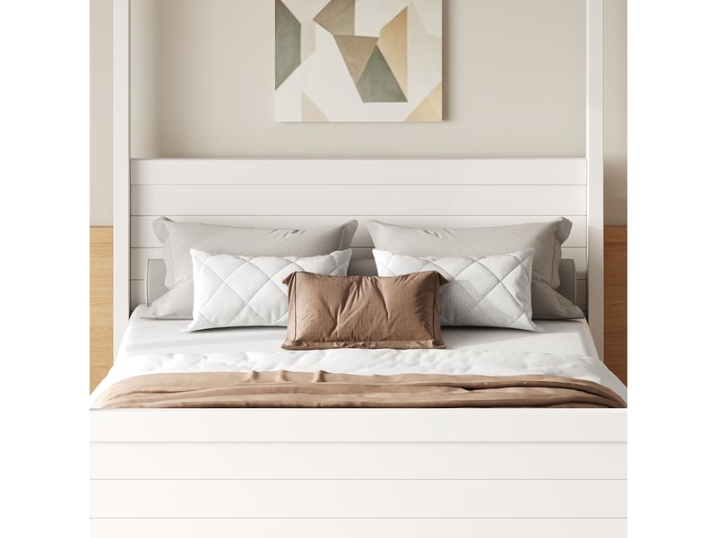  Lit cabane double 140 x 200 cm en bois et mdf blanc avec structure personnalisable, tête de lit surélevée et rangement sous le lit sans matelas  - Conforama W