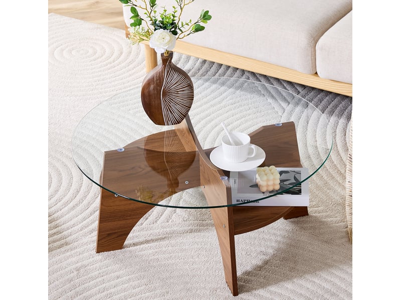  Table basse ronde ø 80 cm en verre de sécurité, piètement mdf aspect noyer  - Conforama B