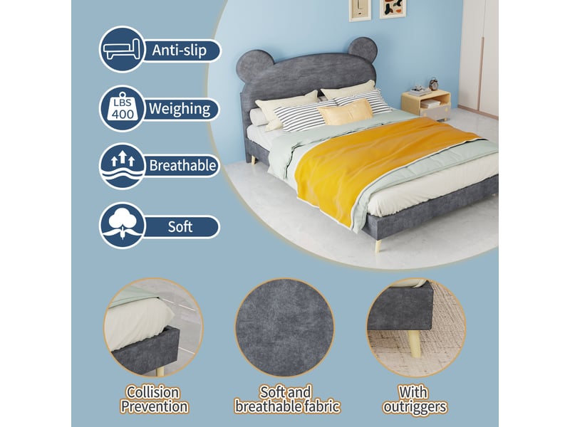  Lit enfant 200×140 cm avec tête de lit rembourrée à oreilles d’ours, sans matelas, en tissu et métal gris  - Conforama E
