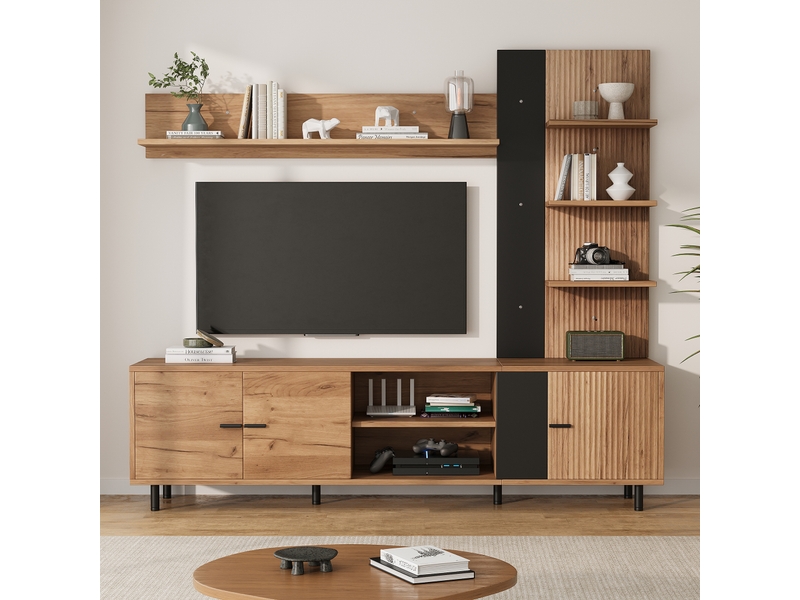  Ensemble meuble tv avec 3 placards, meuble tv bois et noir pour écran jusqu'à 80 pouces, étagères ouvertes et rangement mural  - Conforama B