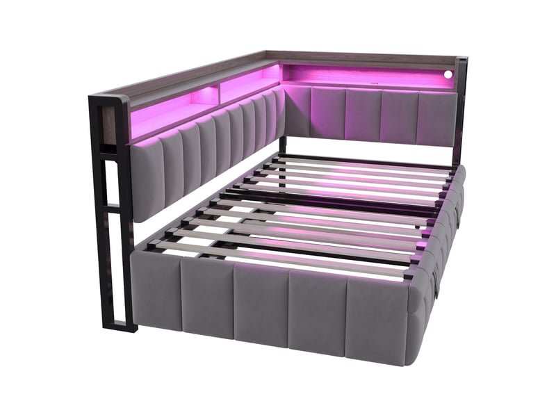  Canapé-lit 90 x 200 cm – avec lit gigogne – avec éclairage led – avec ports usb et type-c – gris foncé (matelas non inclus)  - Conforama W