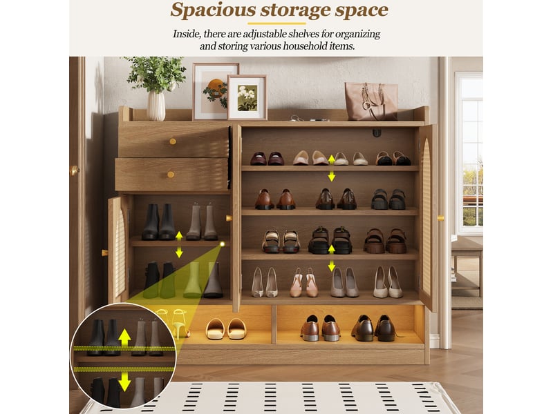 Meuble à chaussures 120x35x100 cm, 3 portes rotin, 2 tiroirs, rangement ouvert led, mdf, naturel - Conforama E
