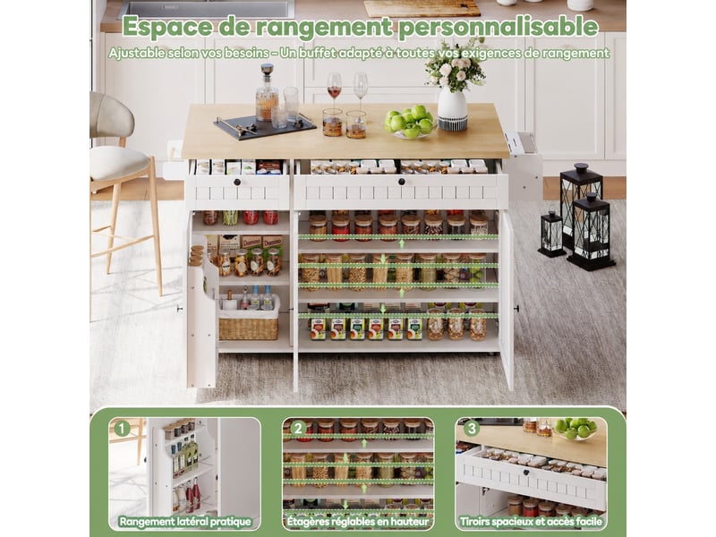  Îlot de cuisine avec plan de travail rabattable, rangement intégré et roulettes verrouillables, blanc  - Conforama B