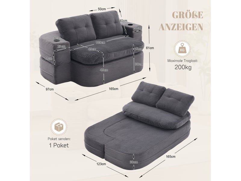  Canapé convertible 2 places modenvie 165 x 97 x 61 cm velours côtelé gris foncé avec porte-gobelets  - Conforama C