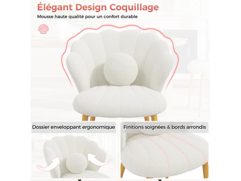  Lot de 4 chaises de salle à manger 60x62,5x83 cm, dossier coquillage, coussins ronds, tissu teddy, blanc  - Conforama E