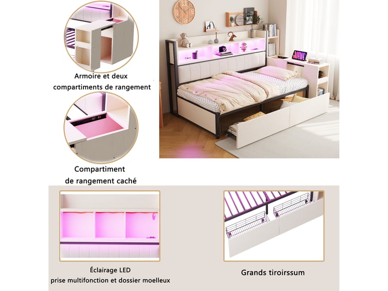  Lit simple 90x200 cm avec bureau amovible et armoires, blanc, sans matelas  - Conforama D