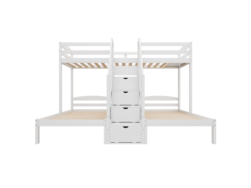  Lit mezzanine 90 x 200 cm de pin, lit triple 3 lits, échelle avec tiroirs, garde-corps, lit adulte avec barrières de sécurité, blanc  - Conforama B