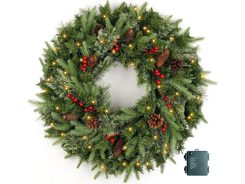  Couronne de noël pré-éclairée 40cm avec pommes de pin – artificielle, pour porte, fenêtre et mur  - Conforama A