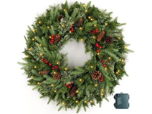 Couronne de noël pré-éclairée 40cm avec pommes de pin – artificielle, pour porte, fenêtre et mur