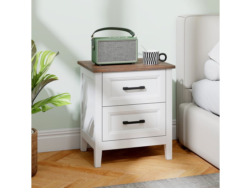  Table de chevet, table de nuit avec 2 tiroirs, plateau effet bois, style rustique, pour chambre à coucher, blanc, salon  - Conforama D