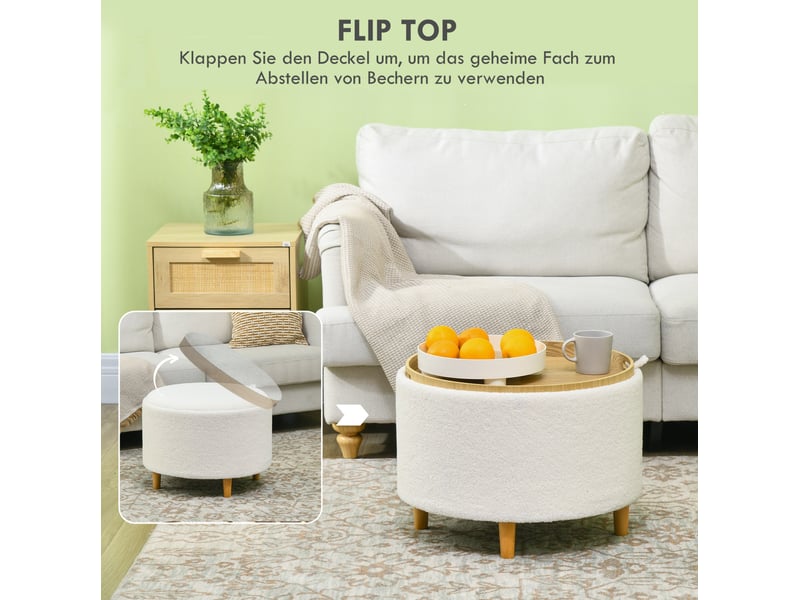  Pouf de rangement tcqpz rond ø56 x 42 cm avec couvercle rabattable pieds en bois blanc  - Conforama E