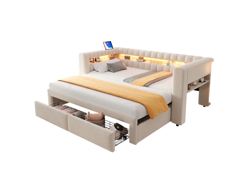 Lit gigogne 90x190 cm - banquette convertible 2 places 180x190 cm - 2 tiroirs, led, usb & type-c - beige - Conforama A