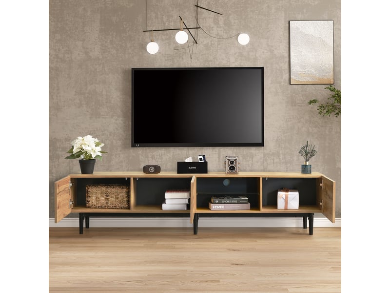  Meuble tv 175 cm chêne clair et noir avec led contrôlables par application et 3 rangements  - Conforama D