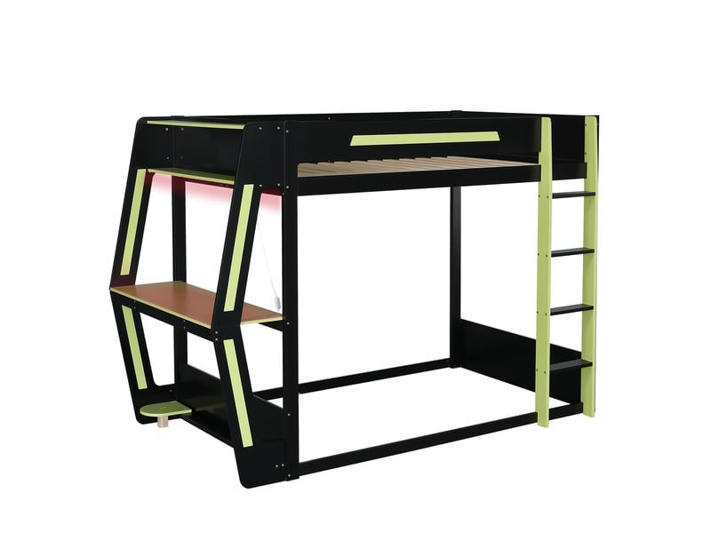  Lit mezzanine gaming 120x200 cm avec bureau led, noir et vert  - Conforama E