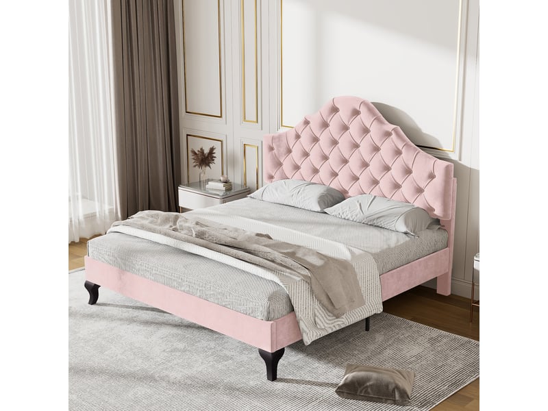  Lit double 200×140 cm avec tête de lit réglable en hauteur et sommier à lattes, en velours rose  - Conforama B