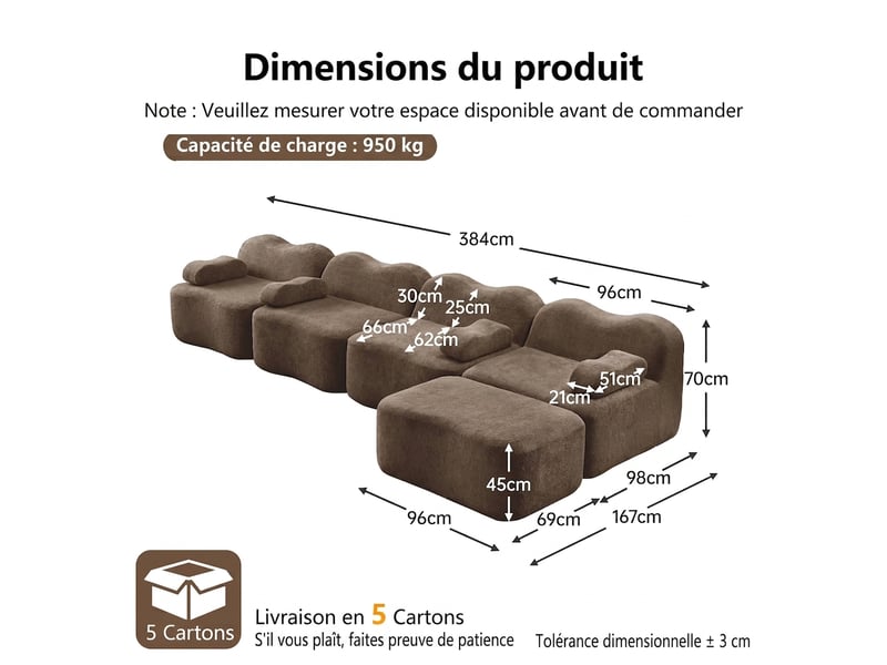  Canapé modulable 4 places en l avec pouf - mousse 32d sans armature - velours marron  - Conforama C