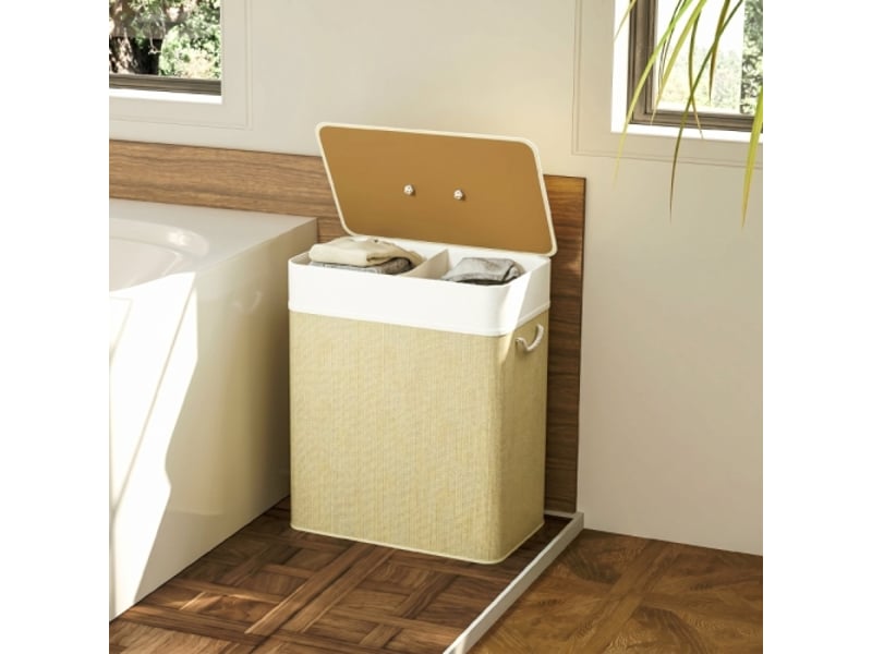  Panier à linge en bambou 100 l avec couvercle, 2 compartiments, poignées en corde et sac amovible  - Conforama B
