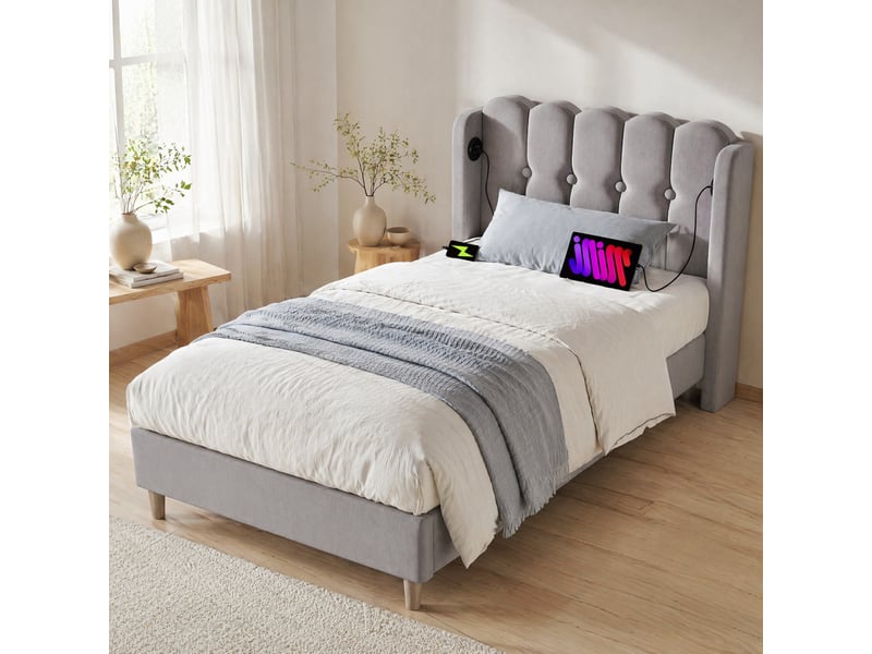  Lit simple capitonné avec sommier à lattes et usb type-c 90x200 cm gris  - Conforama B