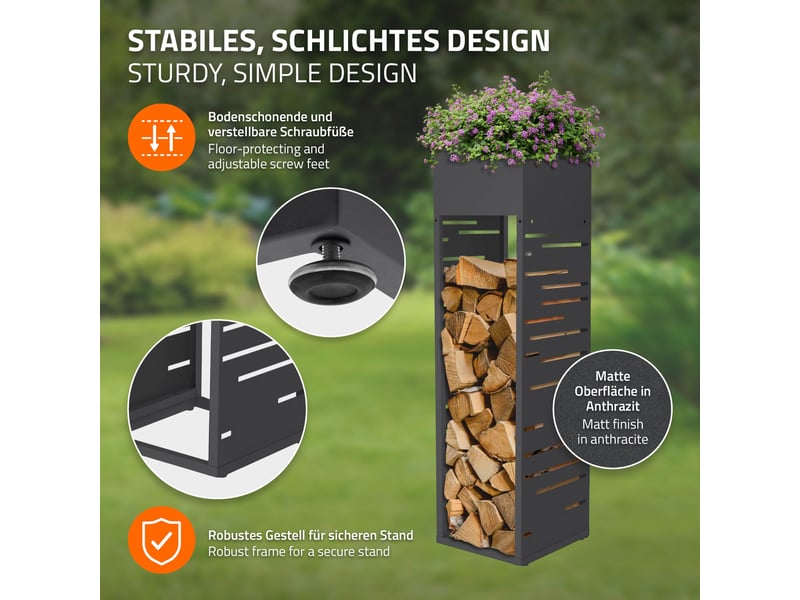  Ml-design range-bûches modulable avec jardinière en acier galvanisé, intérieur et extérieur, résistant aux intempéries, rangement bois de chauffage, motif de treillis, anthracite, 30 x 30 x 111 cm ECD Germany GmbH - Conforama C