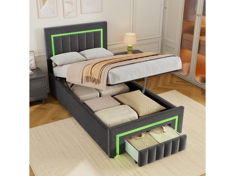 Lit enfant 90x200, lit rembourré avec éclairage led, lit simple avec tiroirs, cadre de lit avec grand espace de rangement, gris foncé (sans matelas) - Conforama R