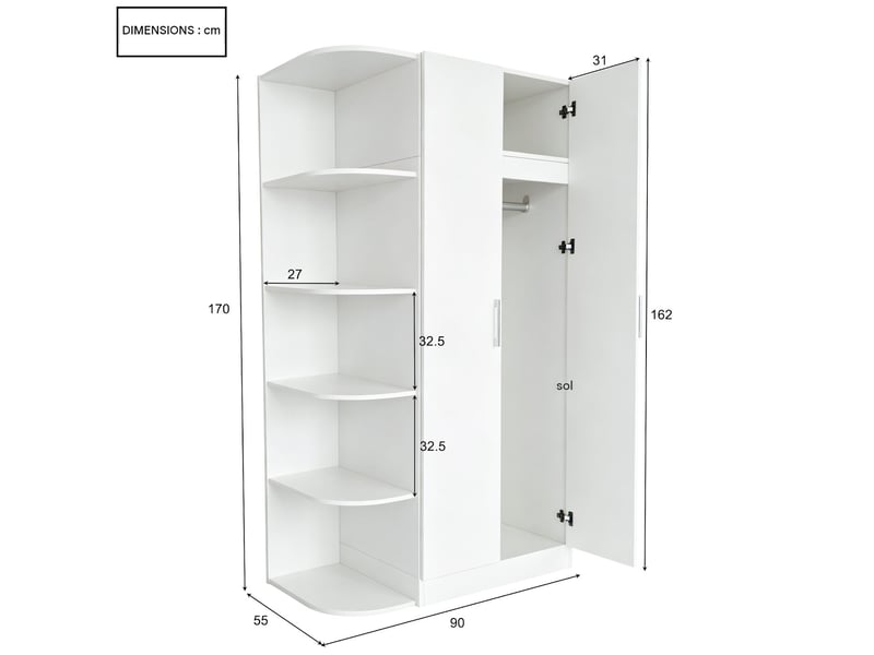  Armoire 2 portes avec étagères et tiroirs 90 x 55 x 170 cm LDW00663AAK - Conforama C