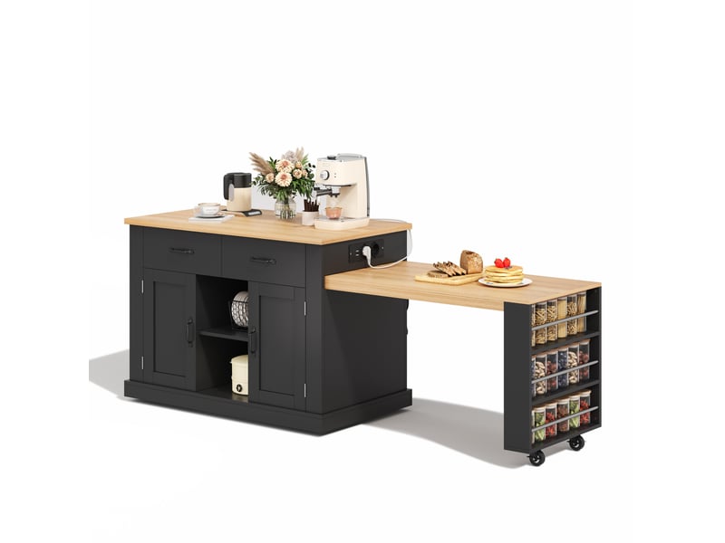  Îlot de cuisine avec table extensible, 2 portes, 2 tiroirs et prises usb, pour cuisine, mdf noir, 132 × 70 × 90 cm  - Conforama A