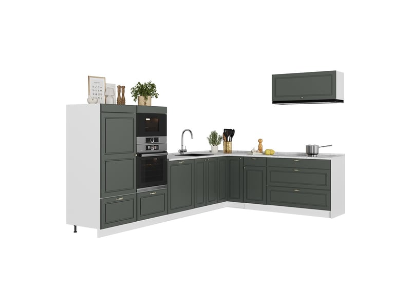 Vicco cuisine en angle, vert or campagneblanc, 327x60cm, pt chêne - Conforama E