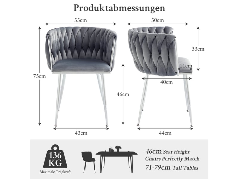  Lot de 2 chaises de salle à manger avec revêtement en velours  grises, piètement en métal argenté  - Conforama C