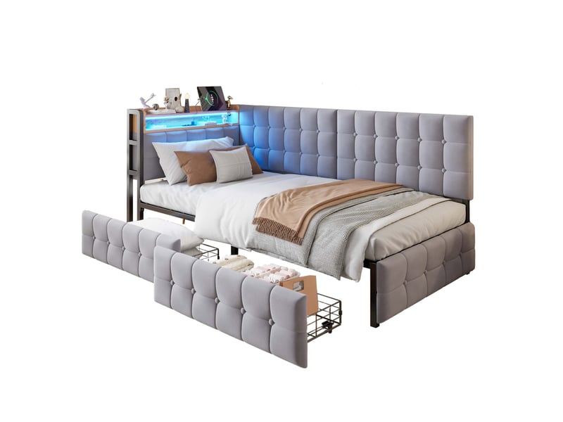  Lit enfant 90 x 200 cm, 2 tiroirs, tête led multicolore, prises usbtype-c, châssis métal, velours gris clair, sans matelas  - Conforama A