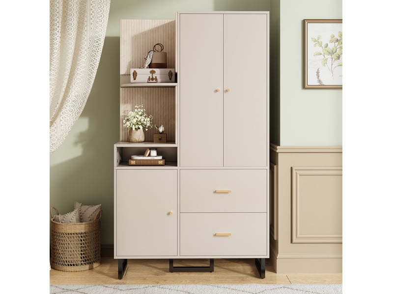 Vestiaire d'entrée 110x38x186 cm, garde-robe d'ensemble, tiroirs, portes, étagères, meuble entrée, mdf, beige et gris - Conforama D