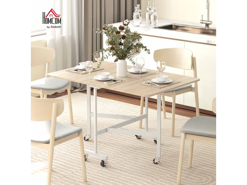  Table pliable 6 personnes - table à rabat mobile 6 roulettes - acier blanc effet bois clair  - Conforama D