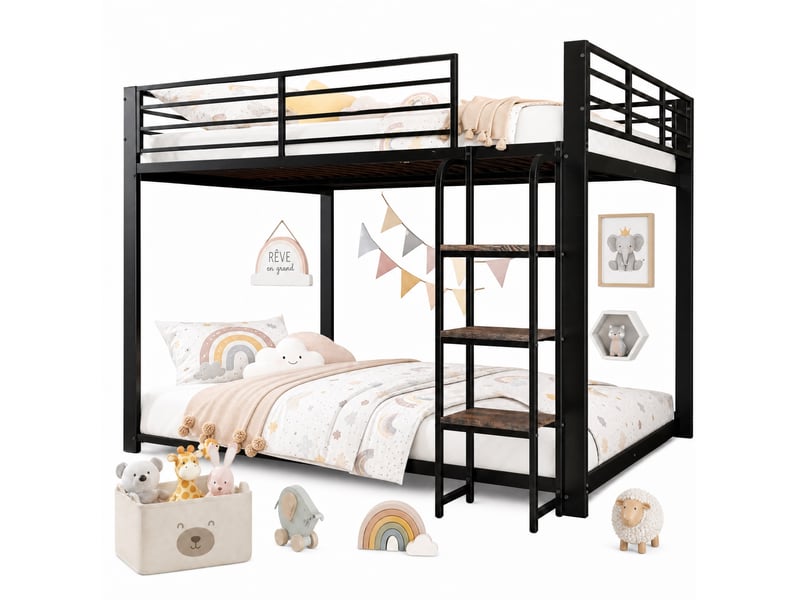  Lit superposé 140 × 200 cm en métal avec marches en mdf, barrières de sécurité et rangement, chambre enfant, noir  - Conforama A