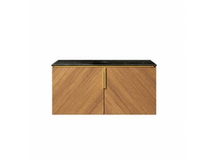 Meuble sous vasque sans vasque 91 cm, plan en pierre frittée, effet chêne brun