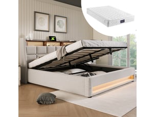 Lit avec rangement 140x200 cm <strong>MODENVIE</strong>  <strong></strong> coloris beige