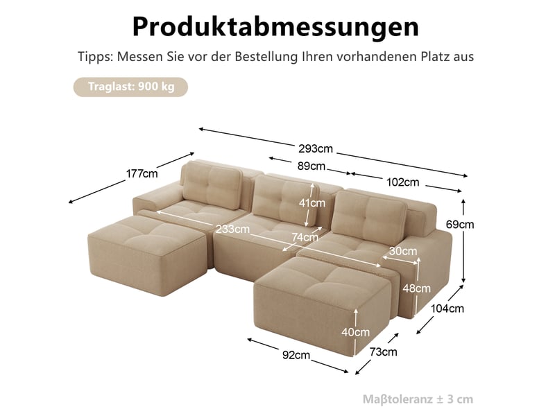  Canapé modulable 3 places en velours côtelé beige en u avec ottomans, confort profond et sans montage  - Conforama C
