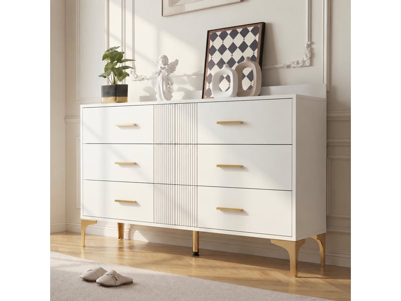Commode blanche 6 tiroirs pour chambre et salon, façades rainurées, poignées et pieds dorés, 120 x 40 x 76 cm - Conforama D