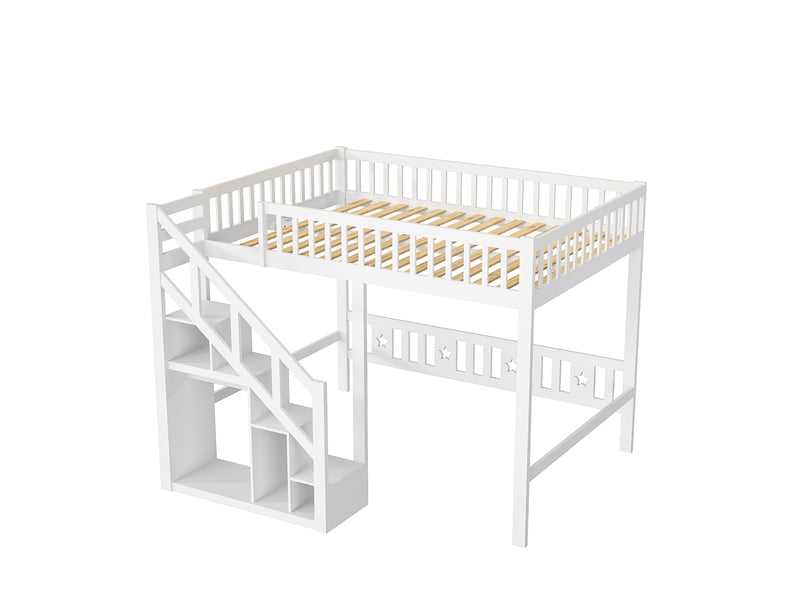 Cadre de lit mezzanine 140x200 cm avec escalier de rangement, sommier à lattes inclus, barrières hautes, mezzanine double avec espace en bas pour bureau ou salon, lit mezzanine multifonctionnel pour chambre d'ado ou studio moder… - Conforama W