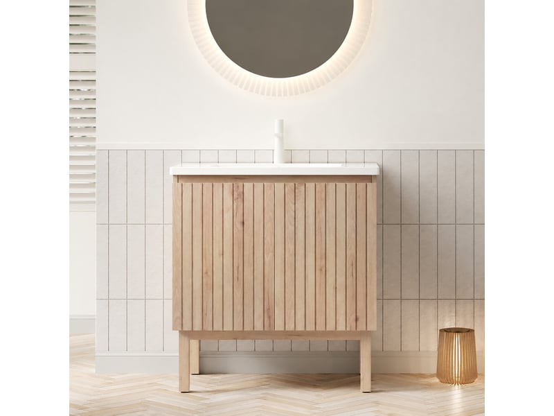 Meuble vasque 80 cm avec vasque intégrée en céramique blanche, finition chêne blanc  - Conforama C