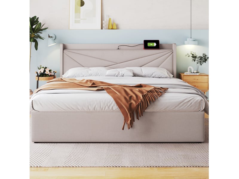  Modenvie lit coffre 140x200 cm - avec matelas, ports usb et usb-c, tête de lit géométrique - beige  - Conforama D