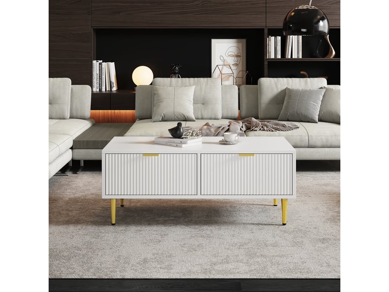  Table basse blanche et or avec 2 tiroirs 100x50x40 cm - design à rayures verticales  - Conforama C