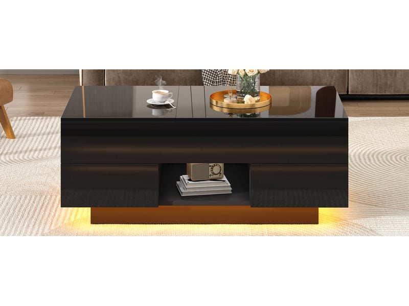  Table basse relevable 100x45x43 cm noire panneau de particules avec 2 tiroirs rangement led et câble usb evarich - Conforama D