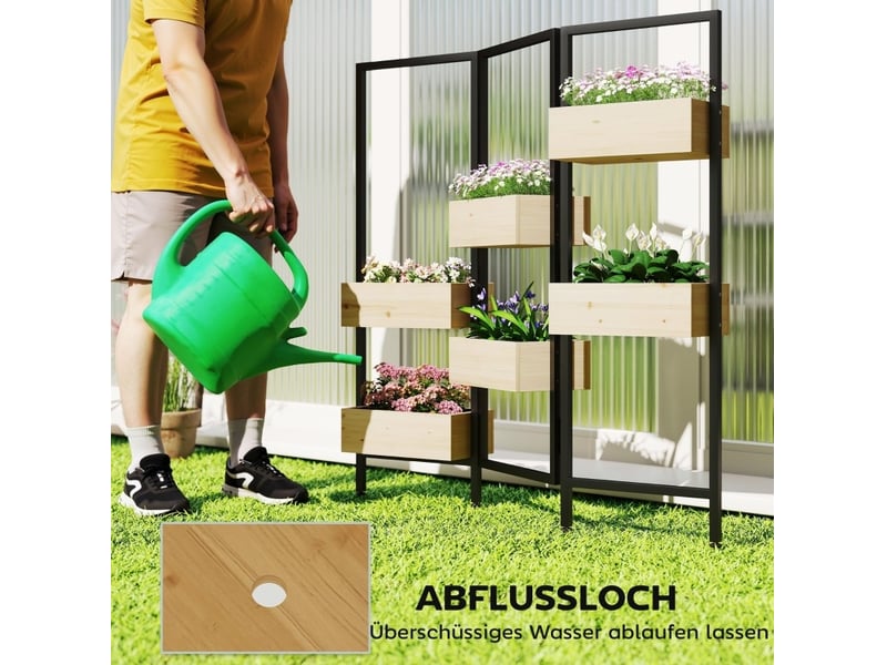  Jardinière avec paravent 116x20x112 cm – bois naturel et noir – 6 bacs pliables à drainage efficace  - Conforama E