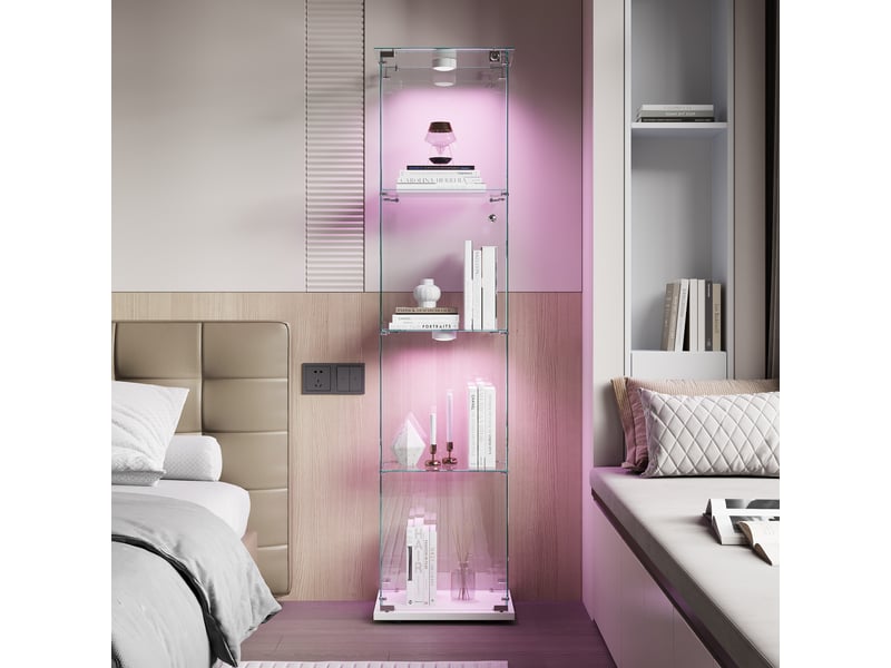  Vitrine en verre 4 niveaux simple porte - 39,8 x 35 x 163 cm - blanc - armoire d'exposition avec éclairage led et base blanche  - Conforama C