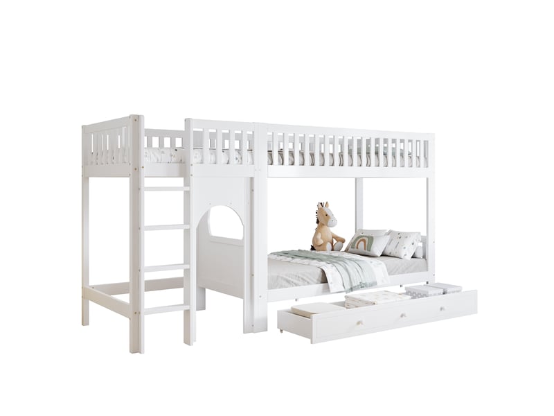  Lit superposé enfant 2 places 90×200 cm, échelle et barrières  - sans matelas, pin mdf blanc naturel  - Conforama A