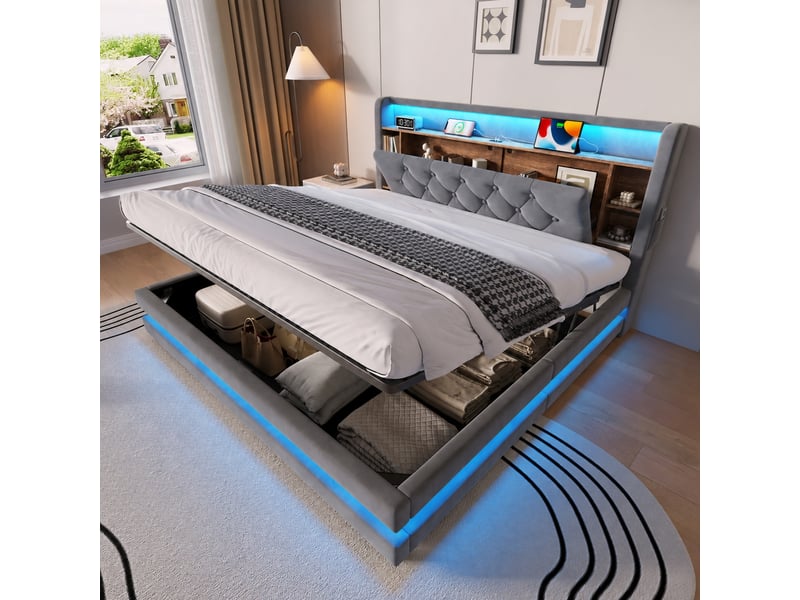  Lit coffre 160 x 200 cm en velours avec tête de lit à rangements, led, usb et type-c, sommier relevable, gris foncé  - Conforama B
