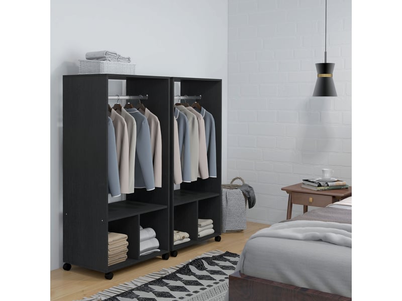  Lot de 2 portants à vêtements penderie mobile avec roulettes 2 niches + espace grand penderie en bois noir  - Conforama D