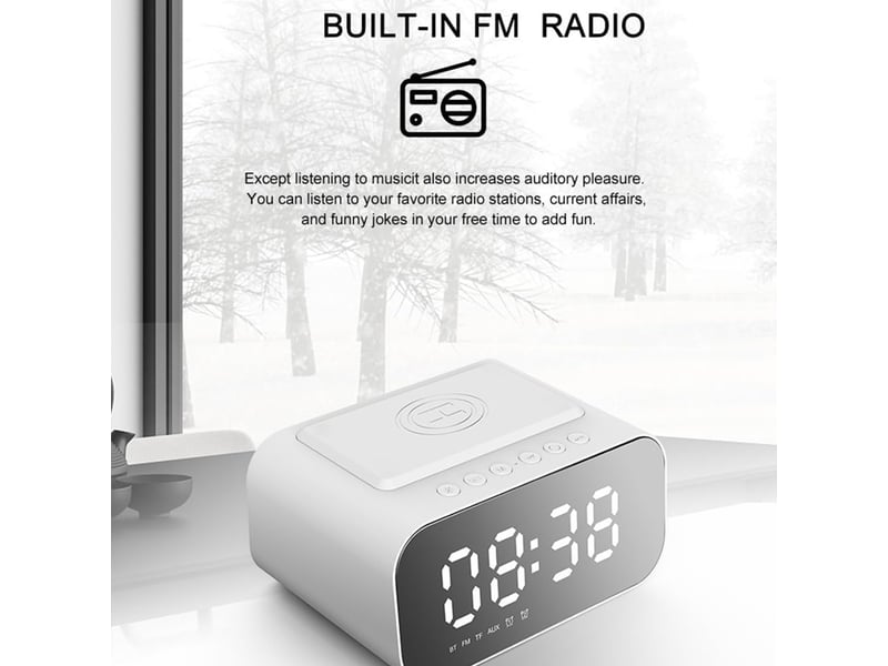  Réveil numérique intelligent multifonctionnel 6 en 1 avec charge sans fil 15 w, bluetooth, radio fm, carte tf et entrée aux. Bt510 blanc  - Conforama E
