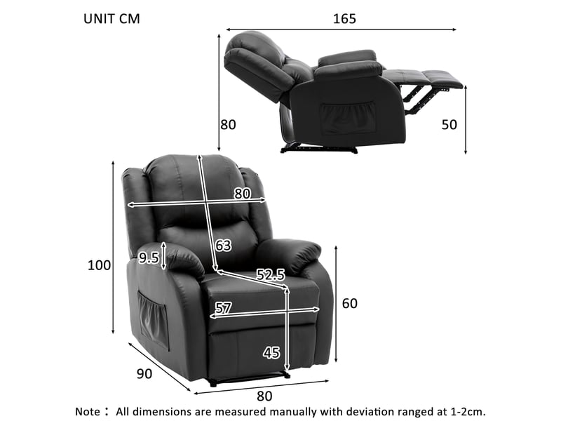  Fauteuil de relaxation manuel en similicuir noir, siège inclinable avec repose-pieds intégré, dossier ajustable jusqu'à 130 degrés pour salon  - Conforama C