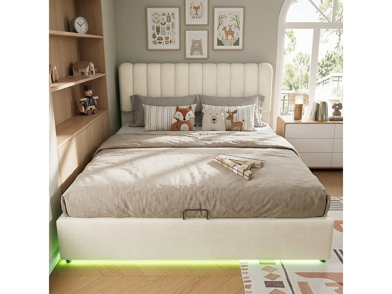 Lit coffre beige 140 × 200 cm en velours, avec relevage hydraulique, protection latérale, structure rembourrée  - Conforama E